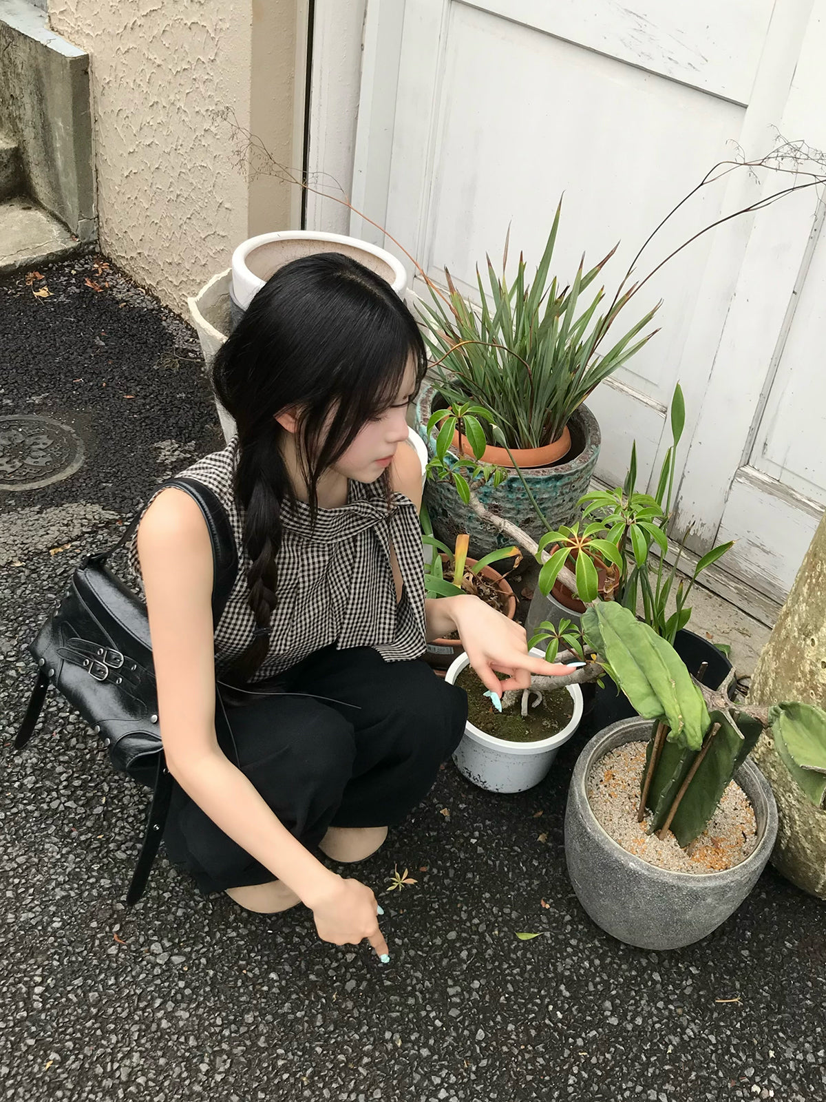 チェックボウタイノースリーブブラウス