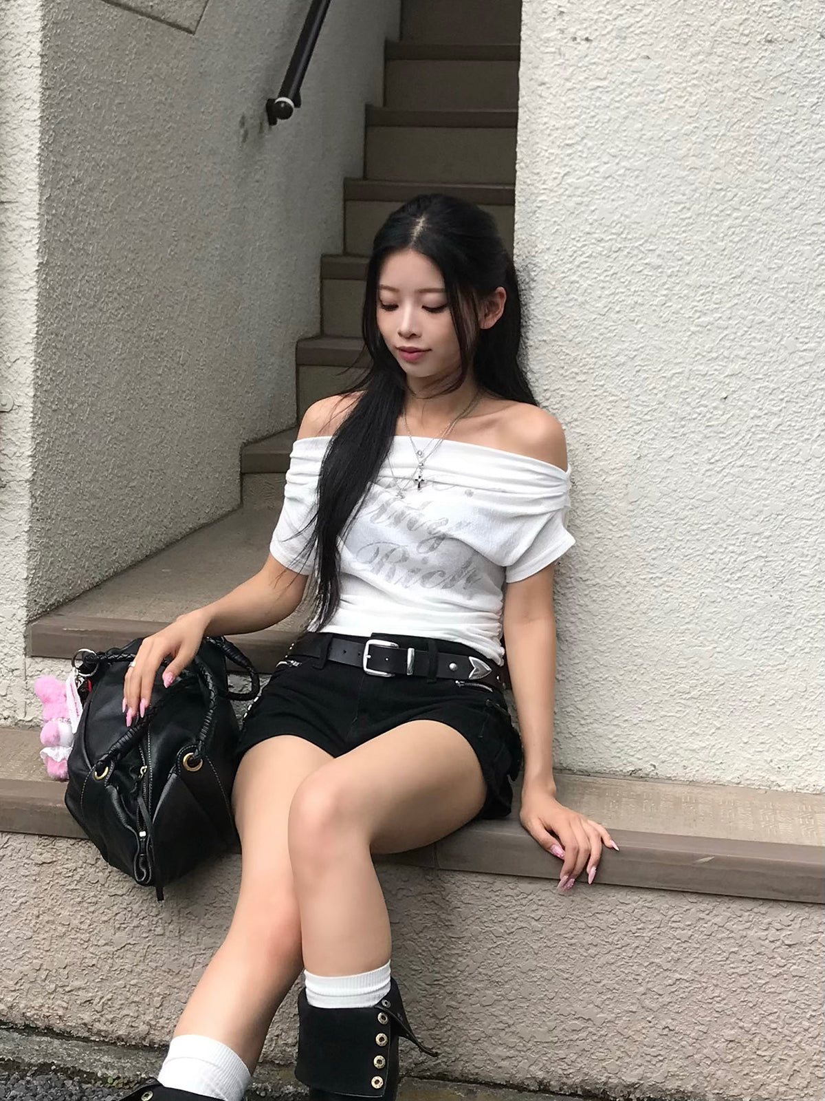 オフショルギャザーレタリングカットソー