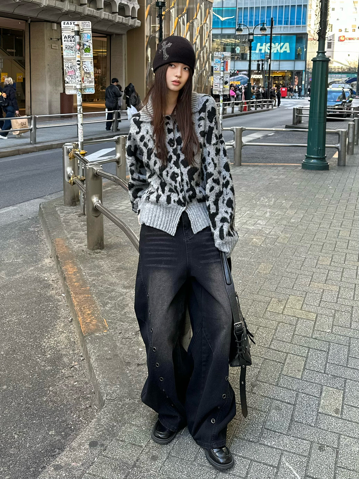 豹纹高领针织开衫