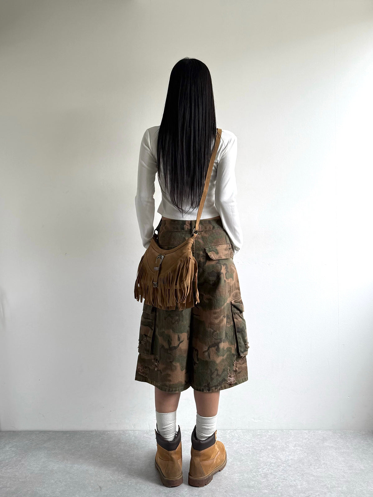 Camouflage Half-Damage Cargo Denim Pants