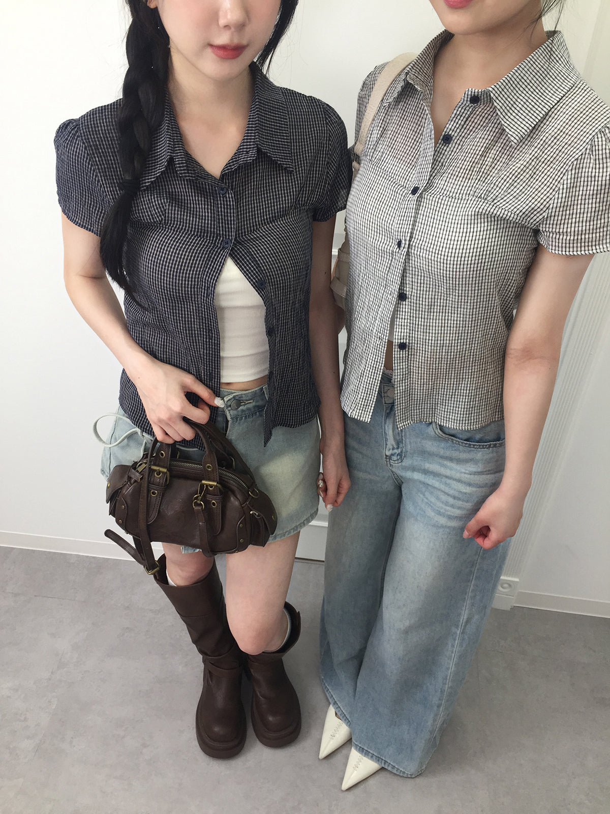 グレイッシュチェックシアーシャツ