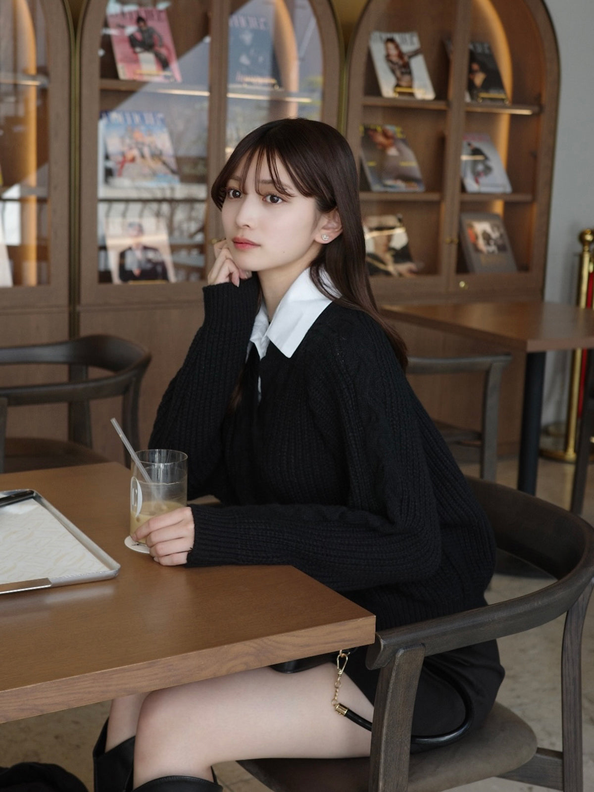 sheller(シェリエ) ボウタイシャツドッキングニット　黒 セール】ボウタイシャツドッキングケーブルニット（ニット/セーター