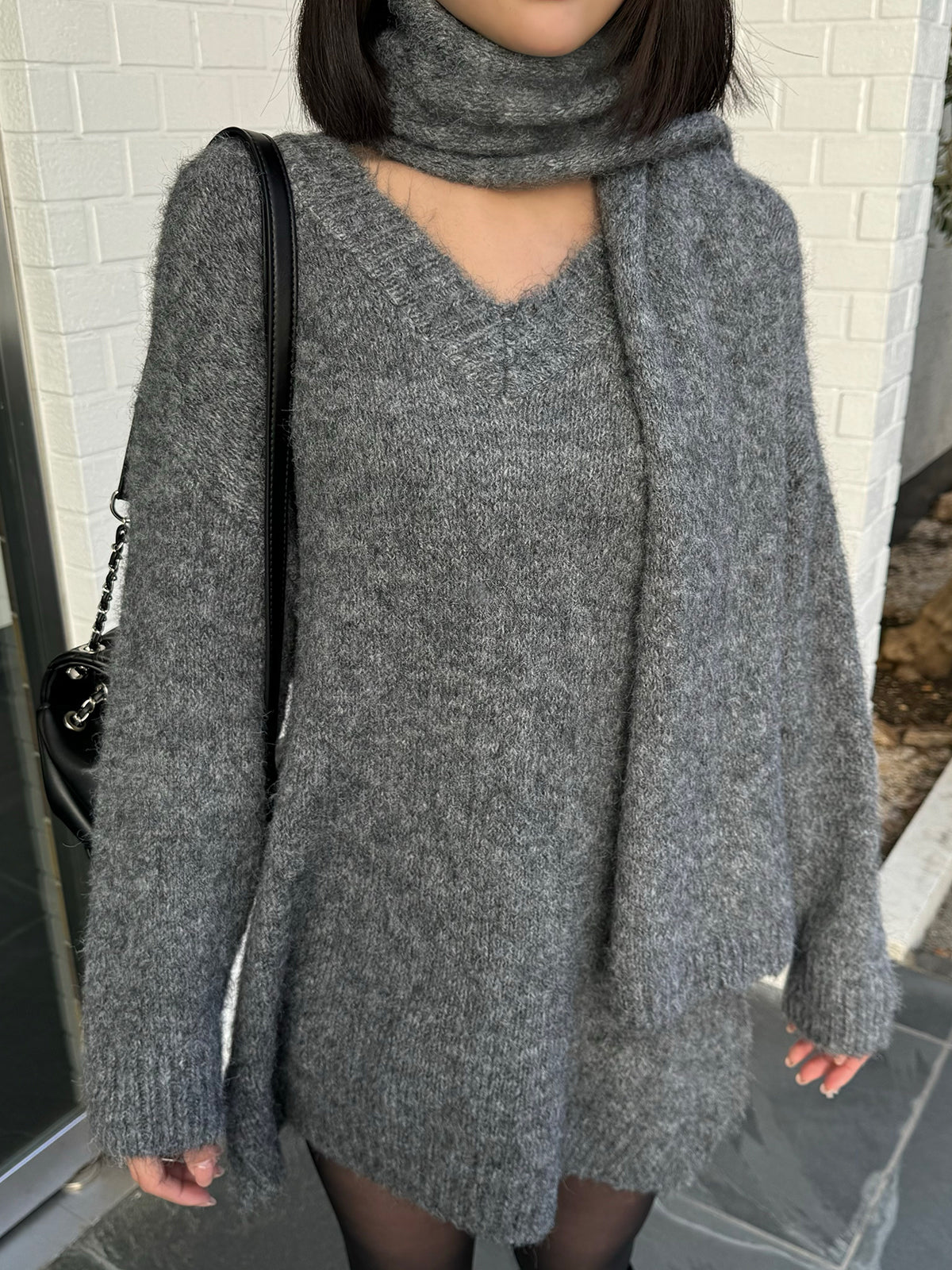 Scarf set V-neck loose knit