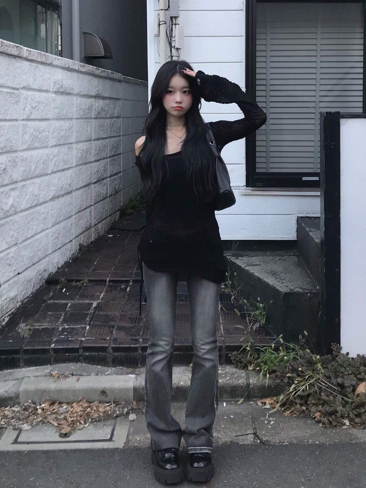 フレアスリーブメッシュニット