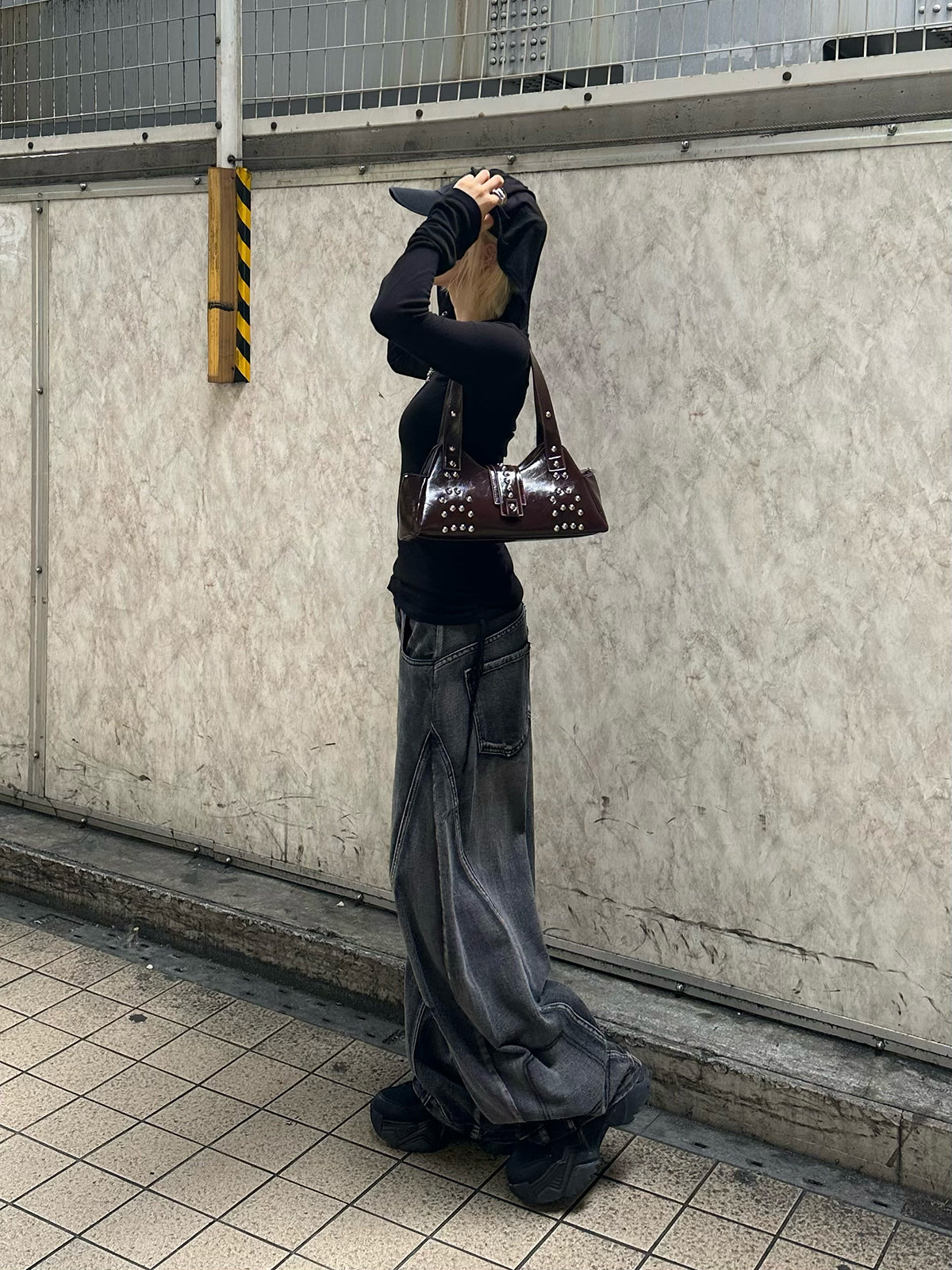 데미지 배럴 레그 데님 팬츠