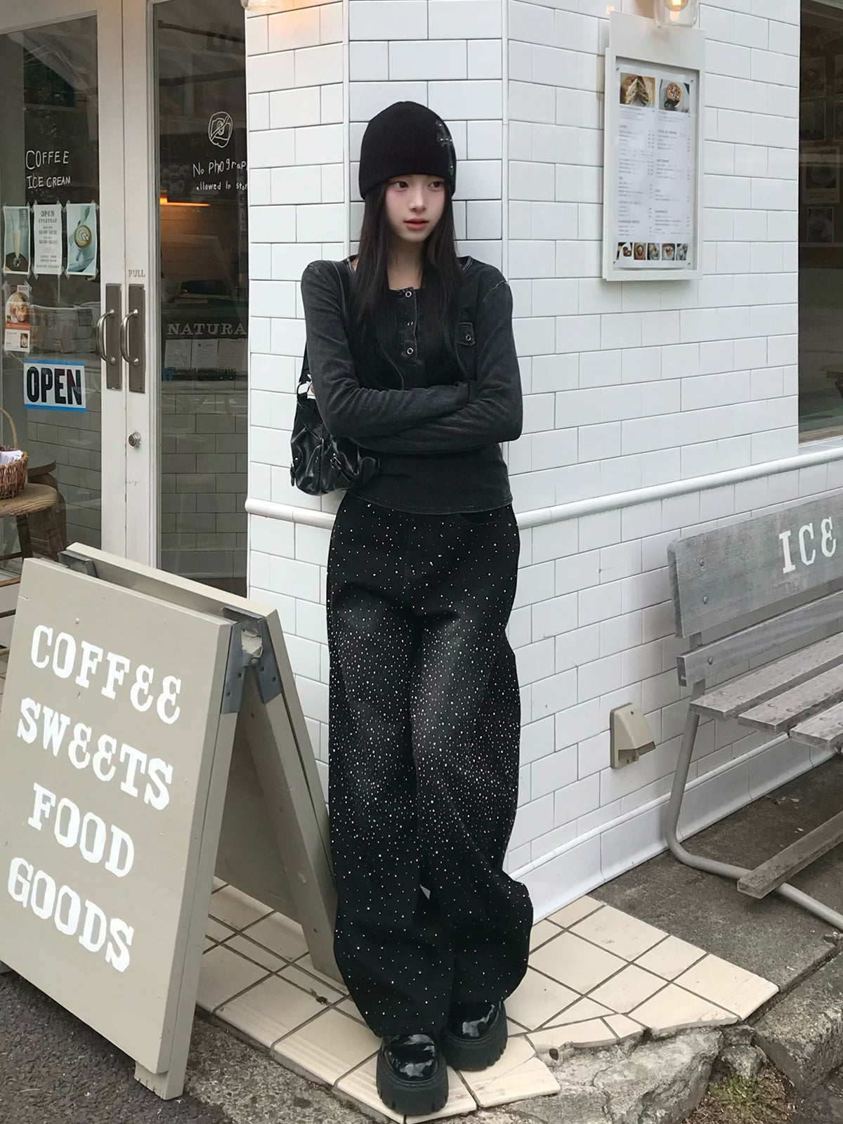 웨스트 스트링 라인스톤 와이드 데님 팬츠