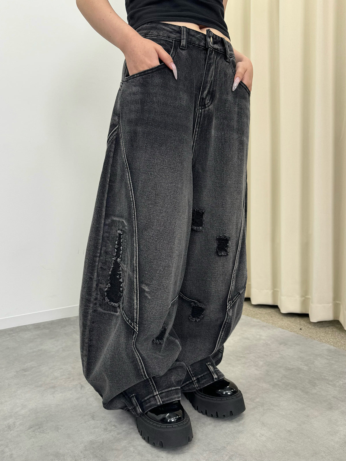 ダメージバレルレッグデニムパンツ
