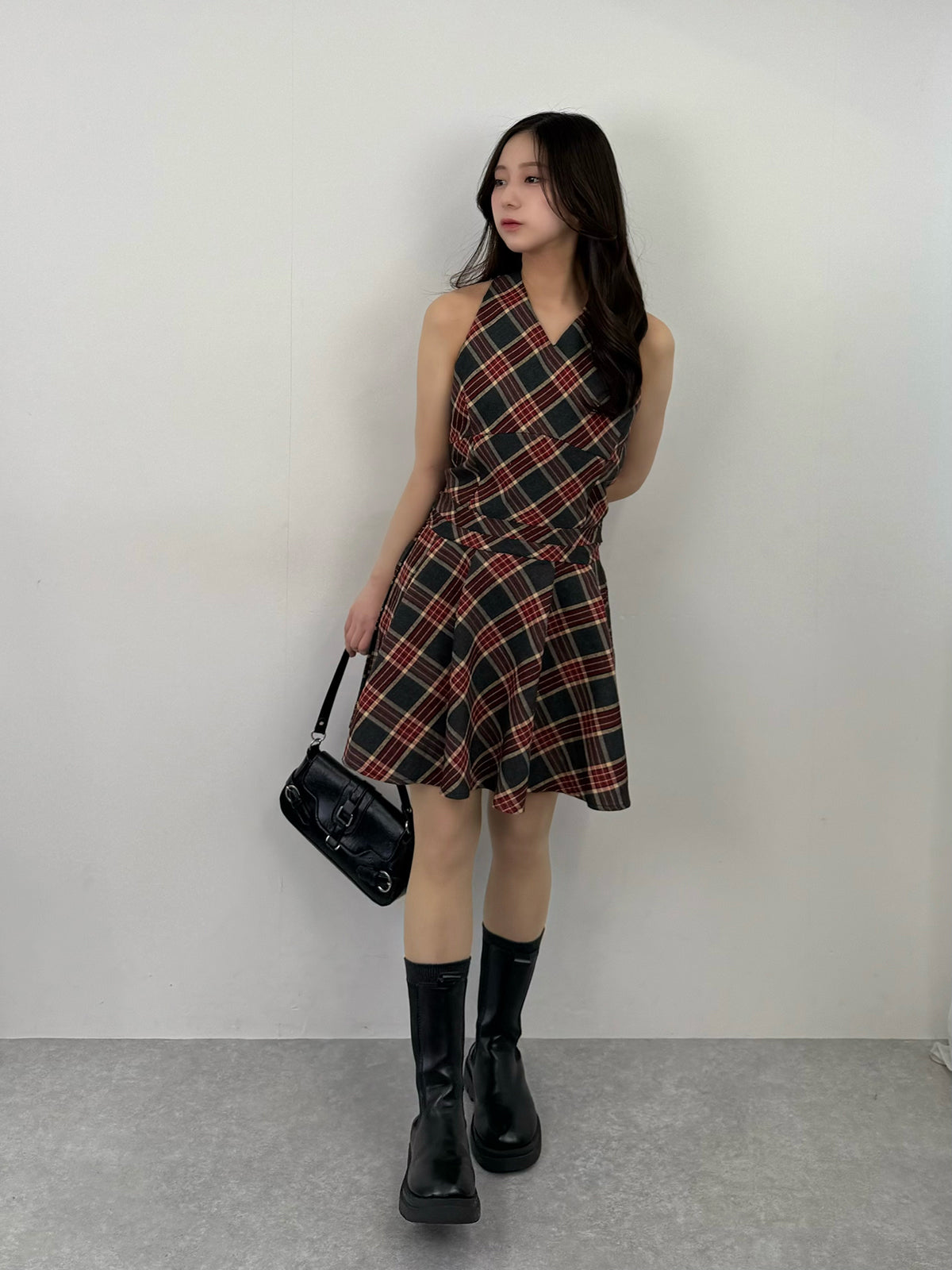 Back Ribbon Check Mini Dress