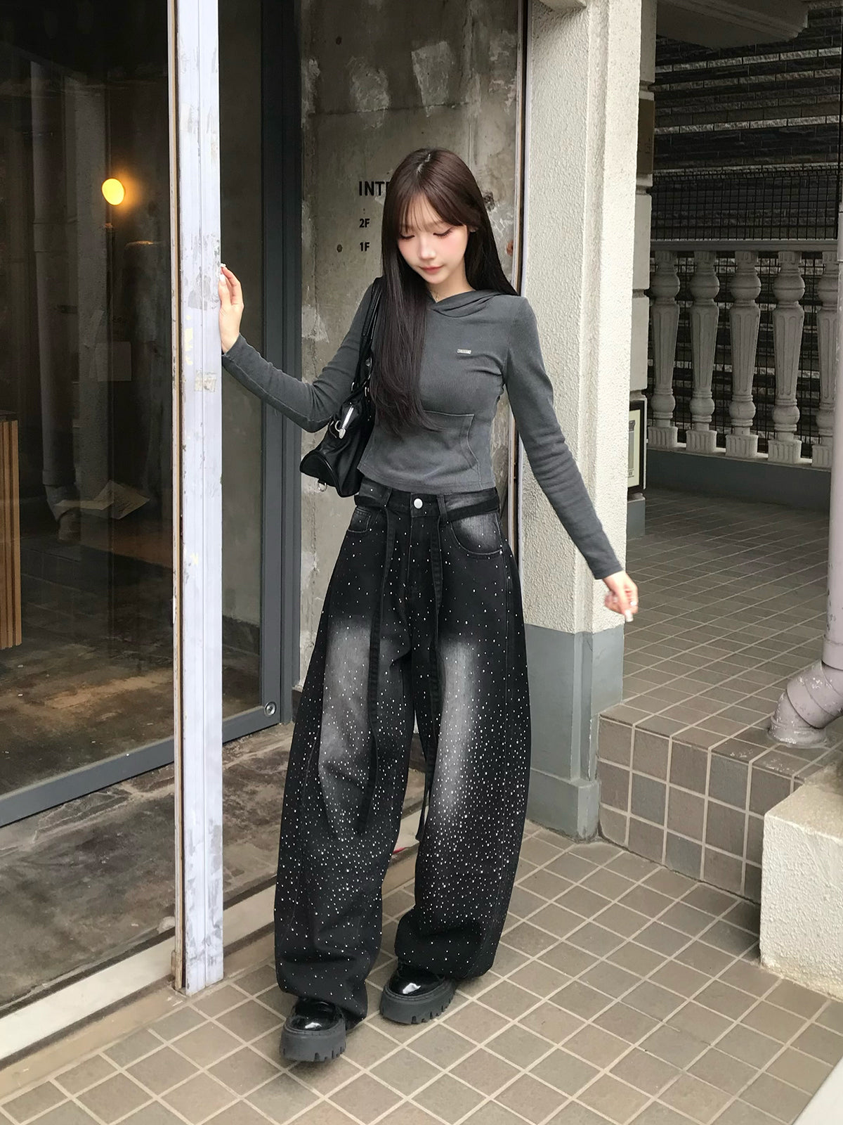 ウエストコードラインストーンワイドデニムパンツ