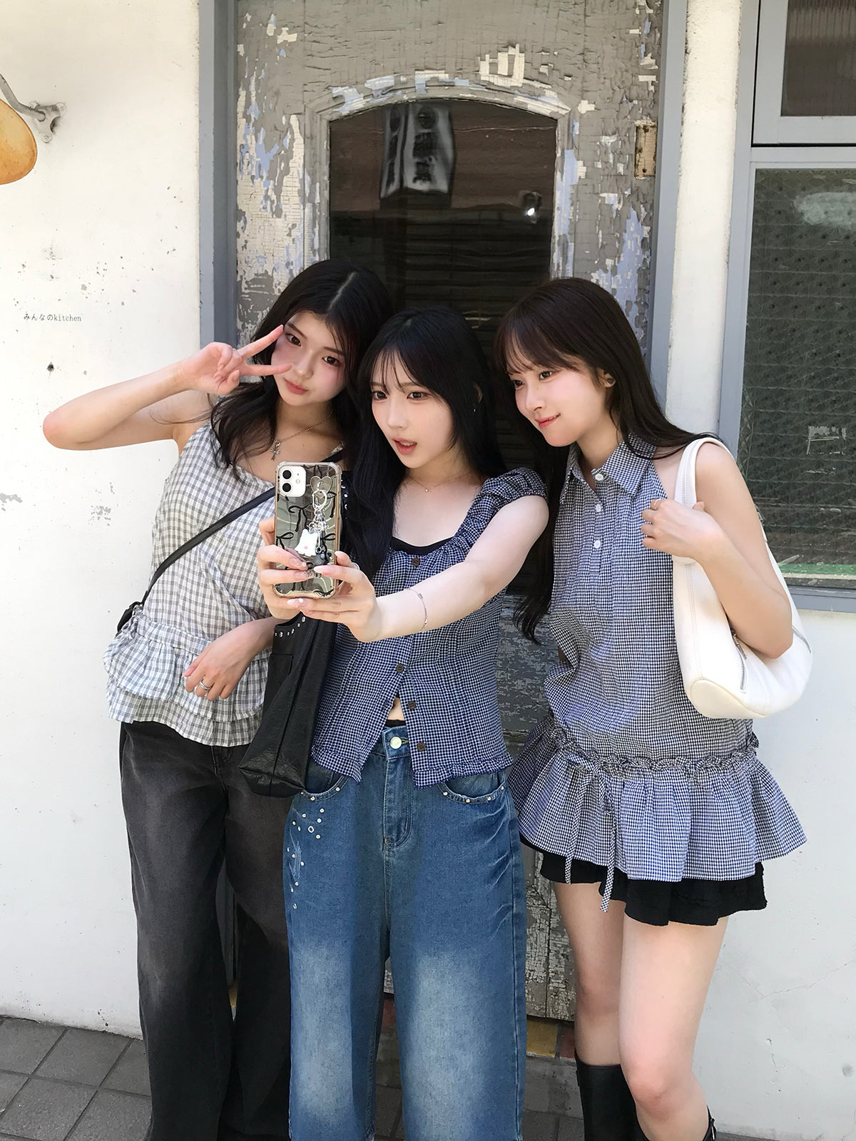 レトロチェックパフブラウス