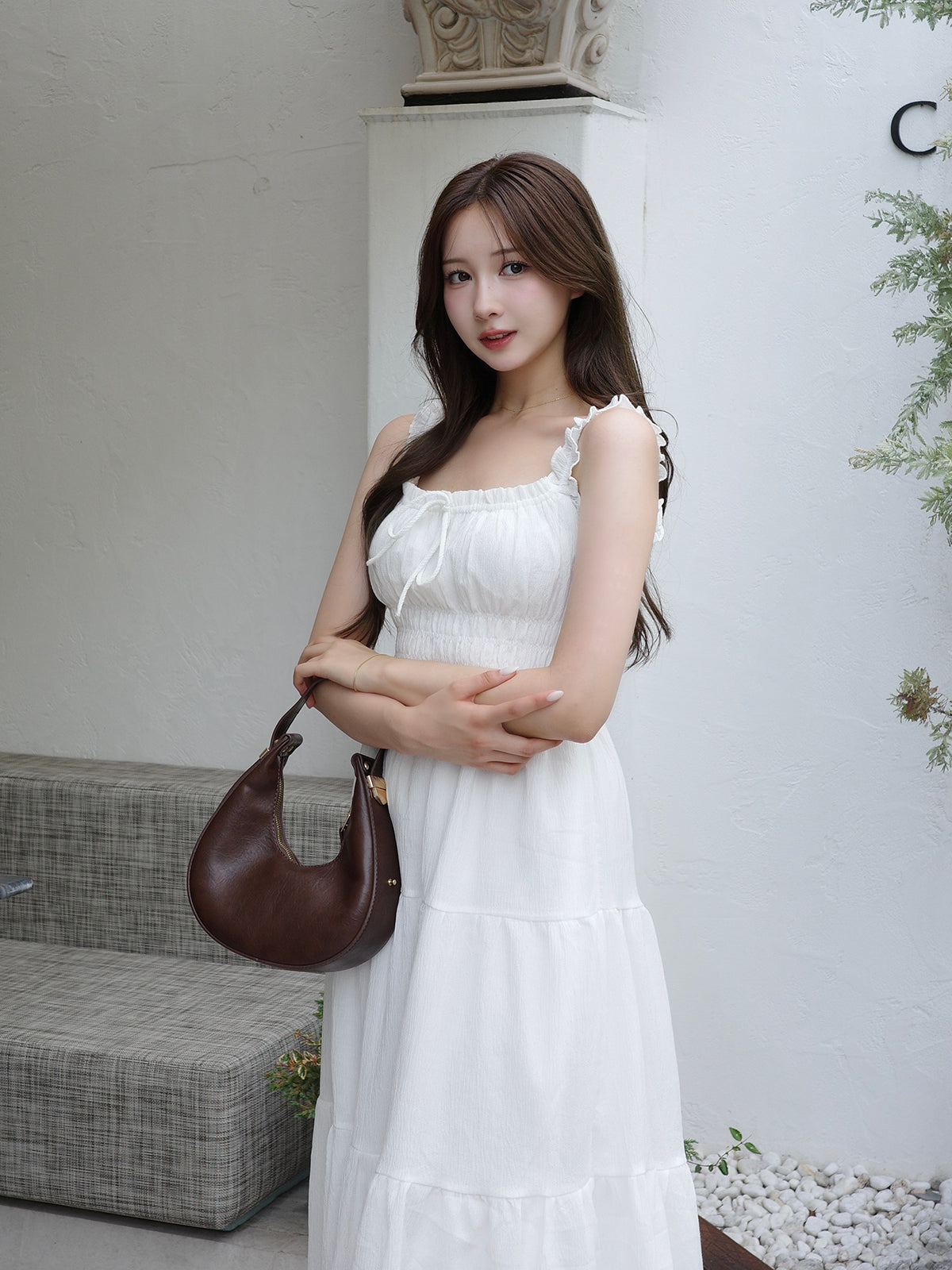 シャーリングティアードロングワンピース