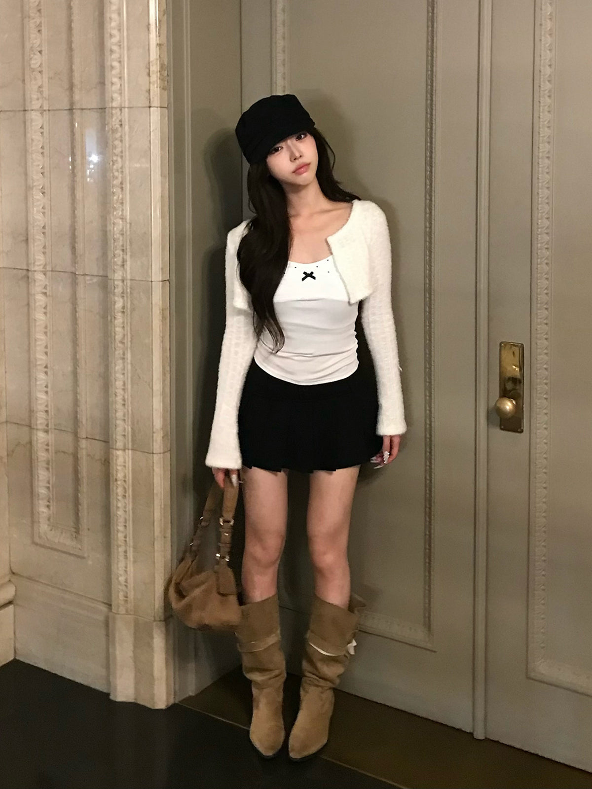 リブプリーツボタンミニスカート