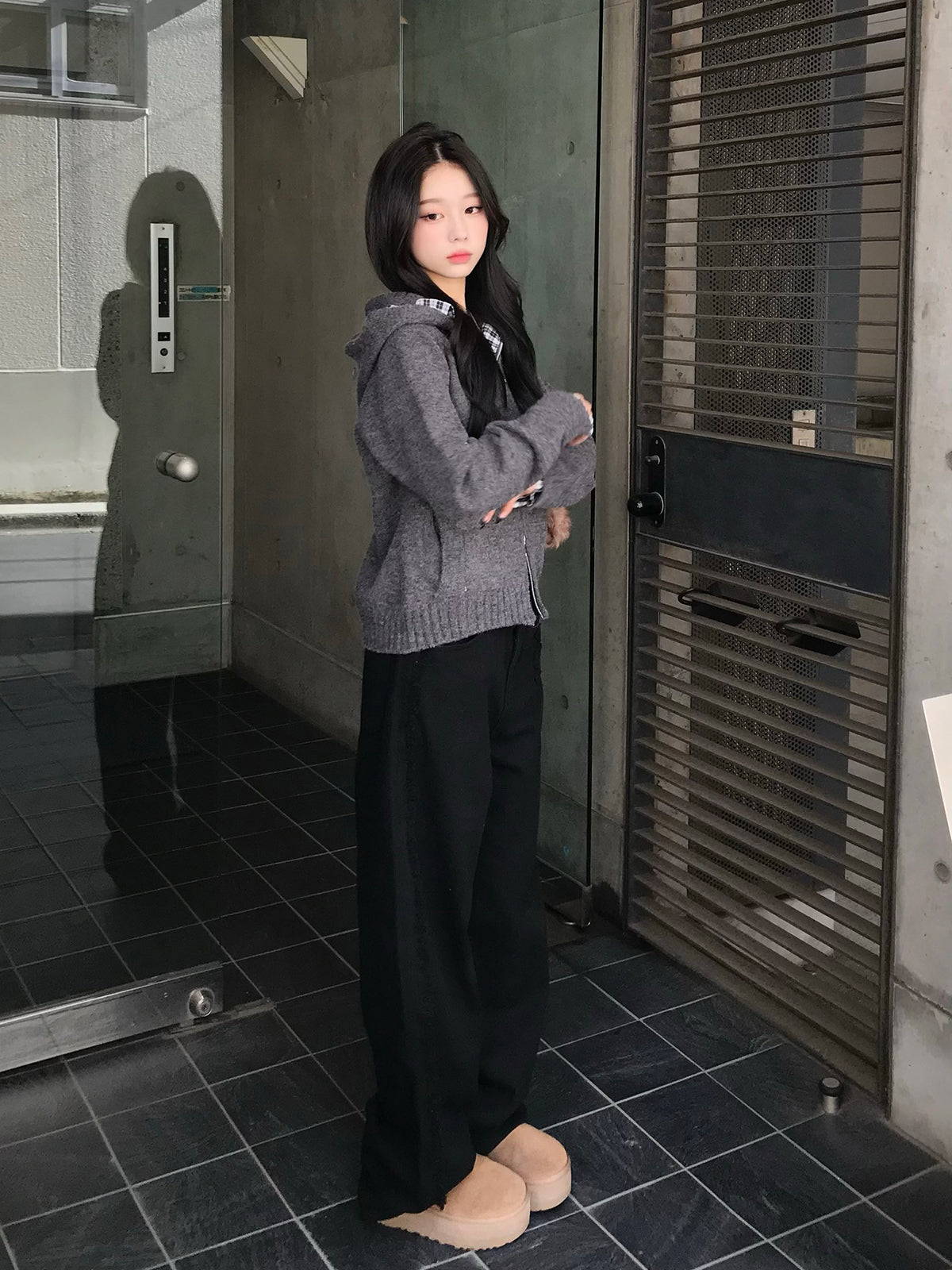 チェックフリルダブルジップニット