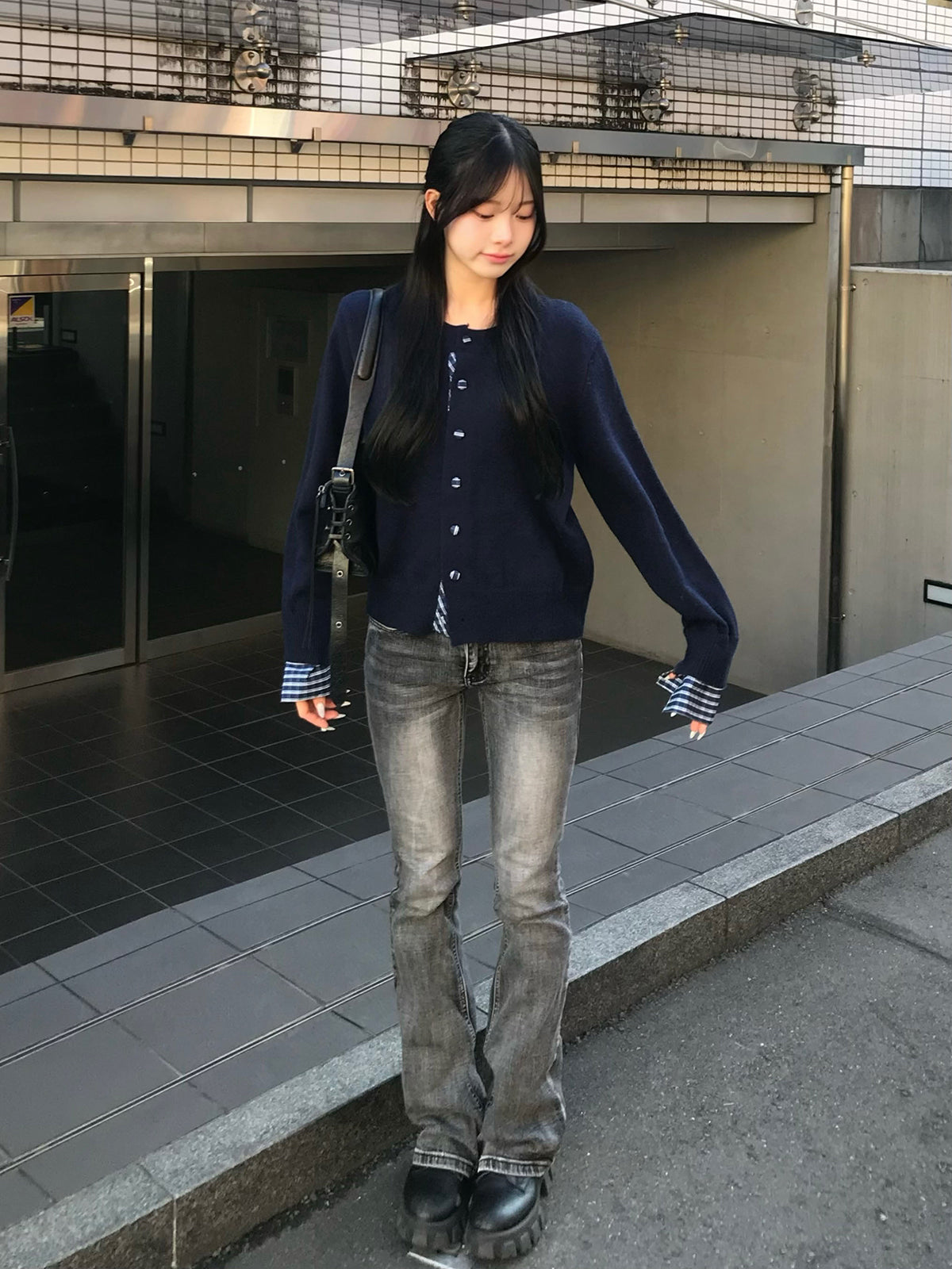 核桃扣格纹针织开衫