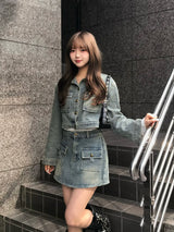 2/20★Photo Compact Jacket Skirt Denim Set Up - Blue