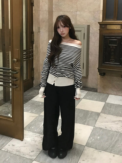 オフショルボーダーボタンニット