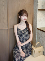 フリルチェックキャミロングワンピース - ブラック