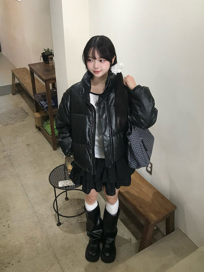 皮革触感加厚短款夹克