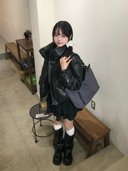 皮革触感加厚短款夹克