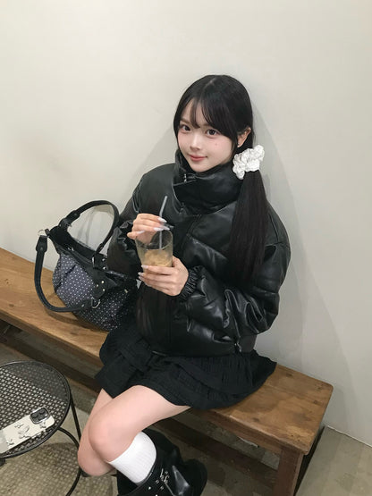 皮革触感加厚短款夹克