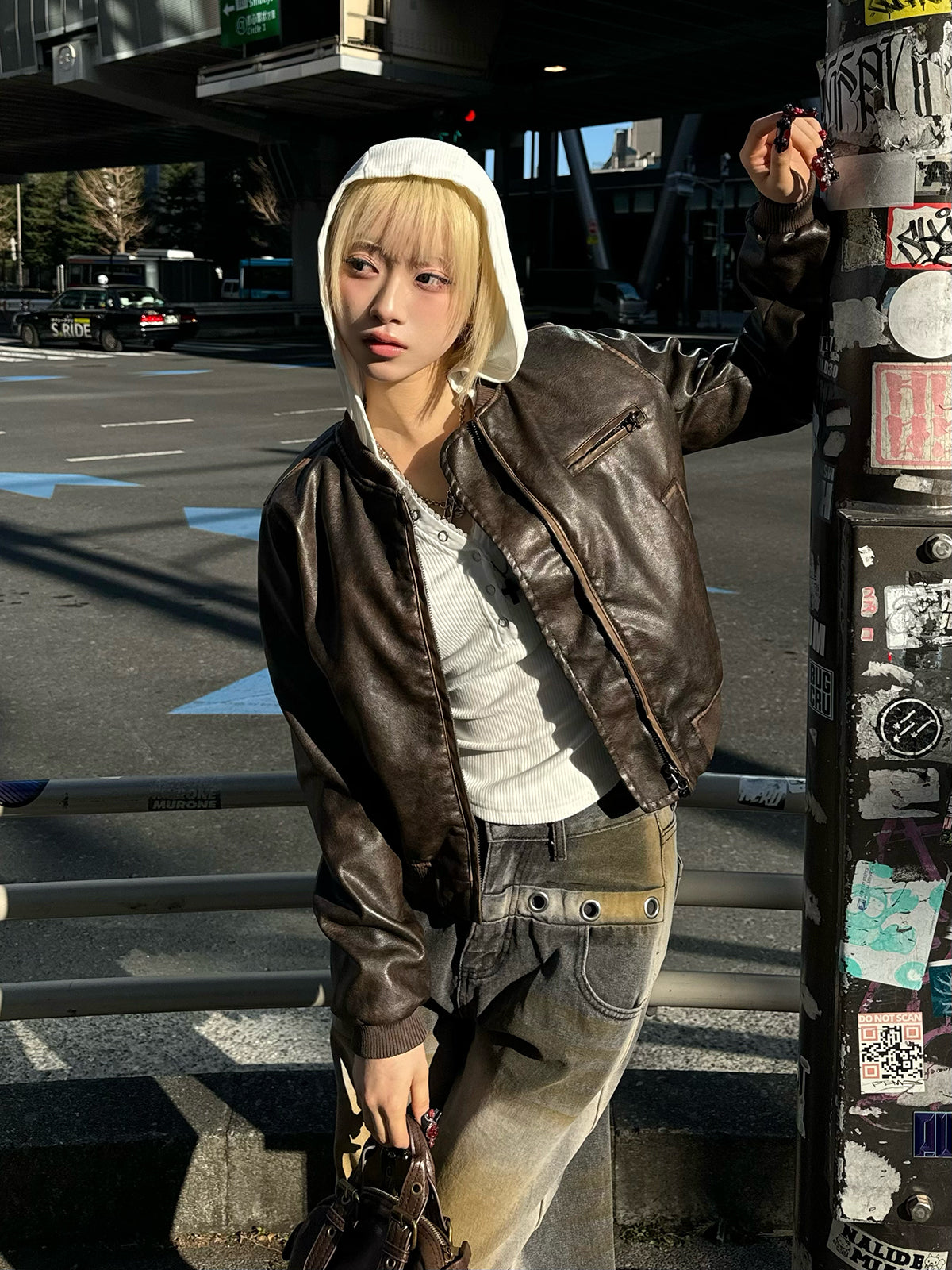 ヴィンテージレザータッチジップブルゾン