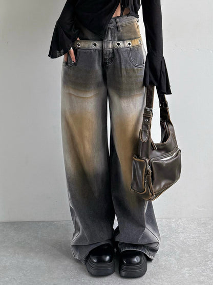 Brown Wash Ring Denim Pants