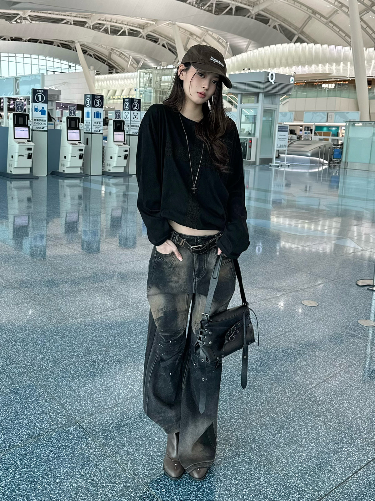 蕾丝十字长袖T恤