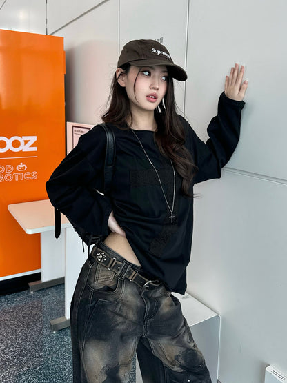 蕾丝十字长袖T恤