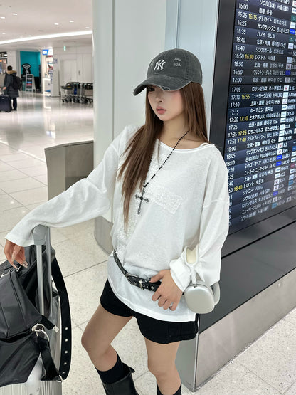 蕾丝十字长袖T恤