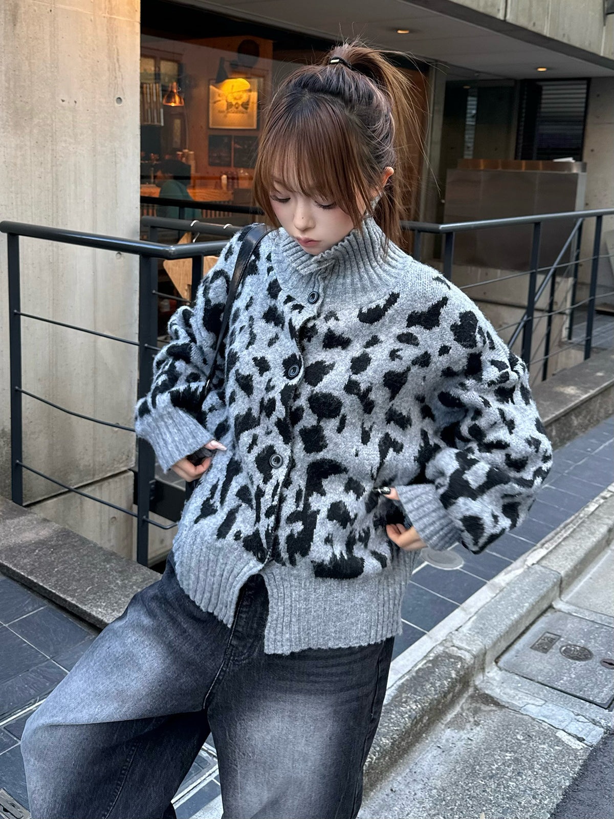 レオパードネックニットカーディガン