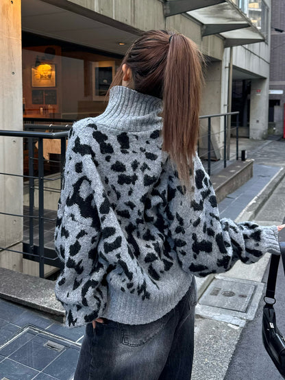 レオパードネックニットカーディガン