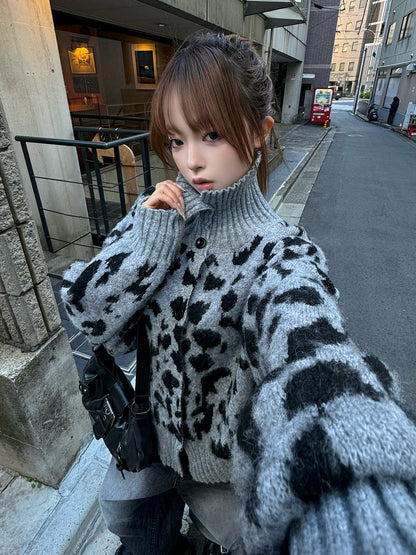 レオパードネックニットカーディガン