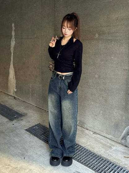 ハイウエストウォッシングデニムパンツ