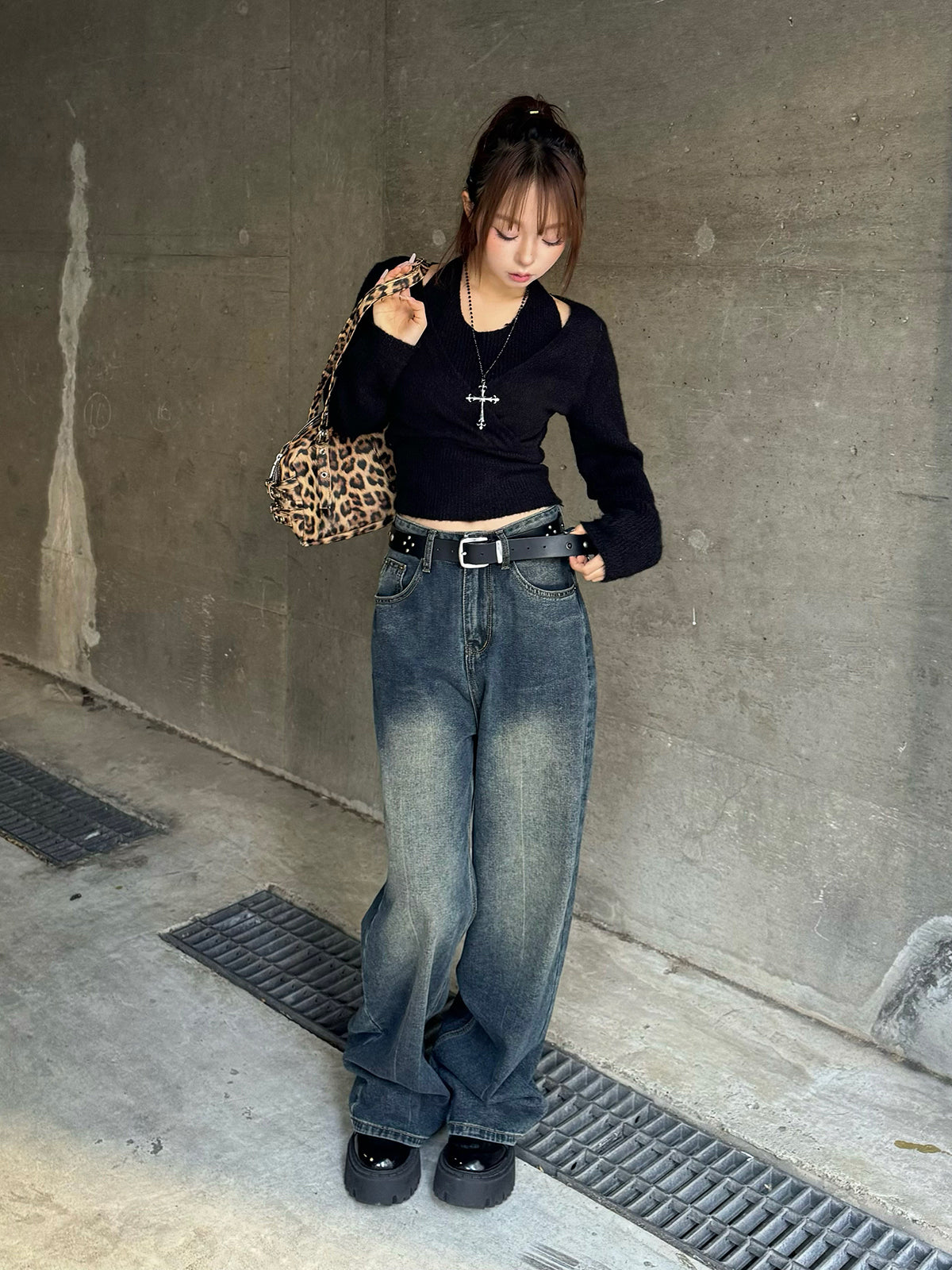 ハイウエストウォッシングデニムパンツ