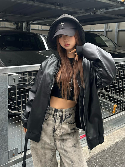 フーディージップレザータッチジャケット