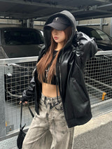 フーディージップレザータッチジャケット - ブラック