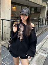 レオパードスカーフワンショルニット - ブラック