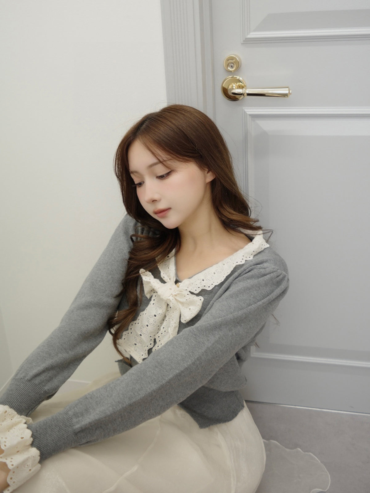 レースリボンボウタイニットカーディガン