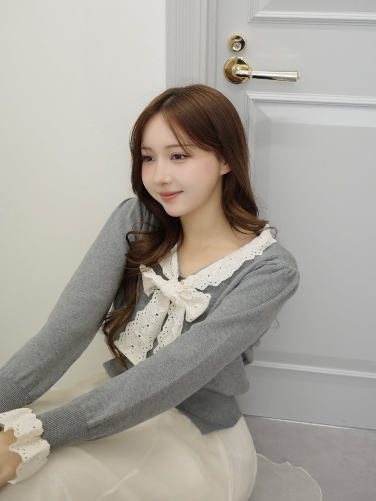 レースリボンボウタイニットカーディガン