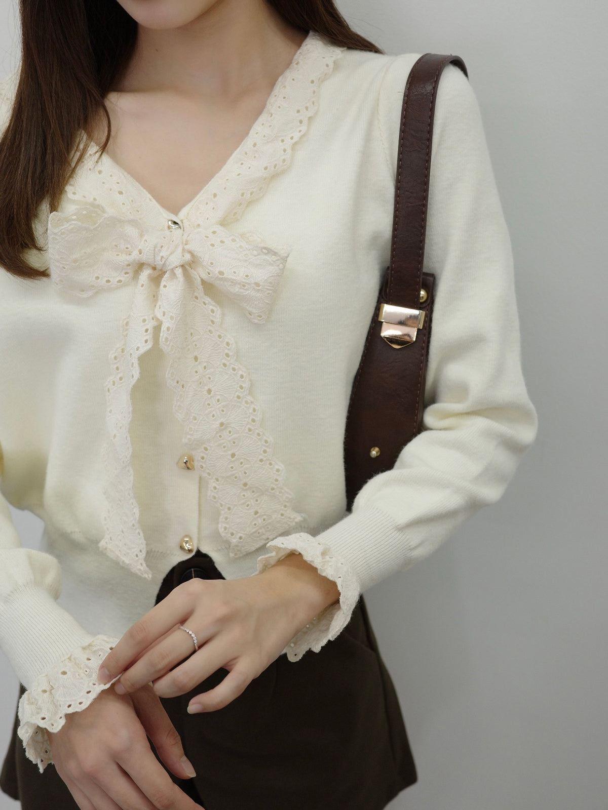 レースリボンボウタイニットカーディガン
