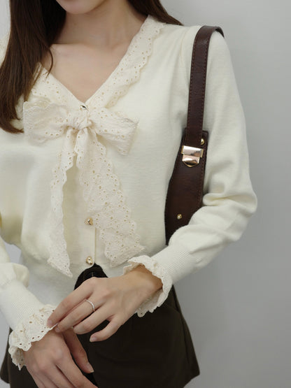 レースリボンボウタイニットカーディガン