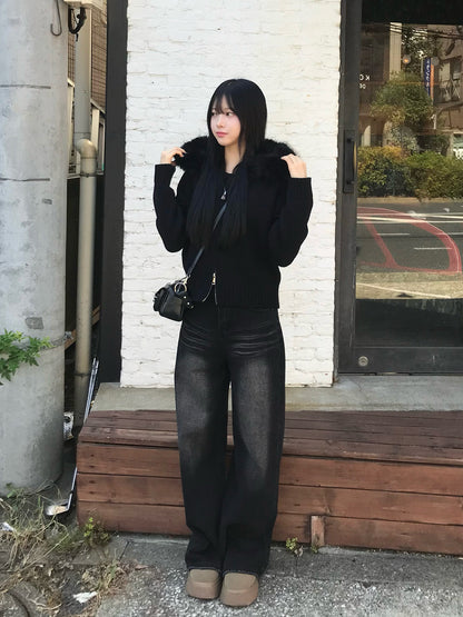 ファータッチ连帽双拉链针织衫