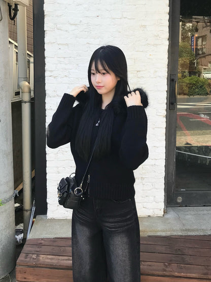 ファータッチ连帽双拉链针织衫