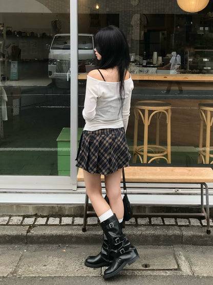 レトロチェックプリーツミニスカパン