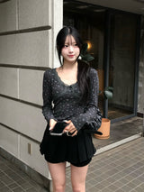 フラワーレースカットソー - ブラック