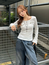 ヘンリーネックポケットリブカットソー - ホワイト