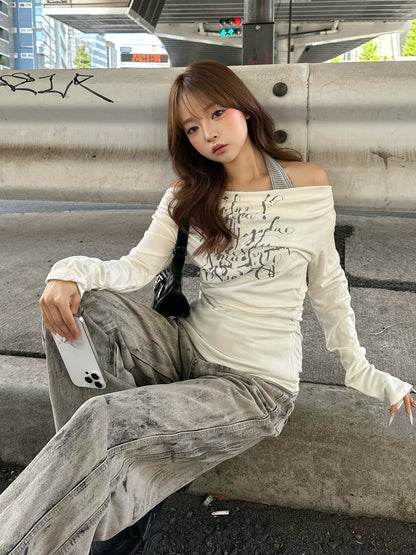 ホルターネックボーダードッキングカットソー