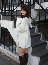 12/11★Size 蕾丝蝴蝶结宽松亮片针织衫 - 白色