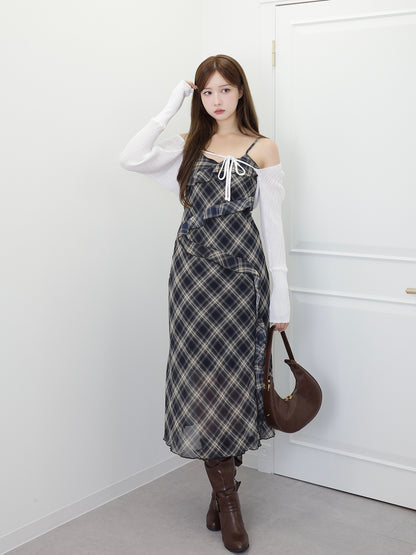 フリルチェックキャミロングワンピース