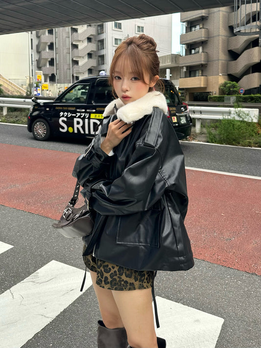 仿毛皮彩色皮革触感夹克